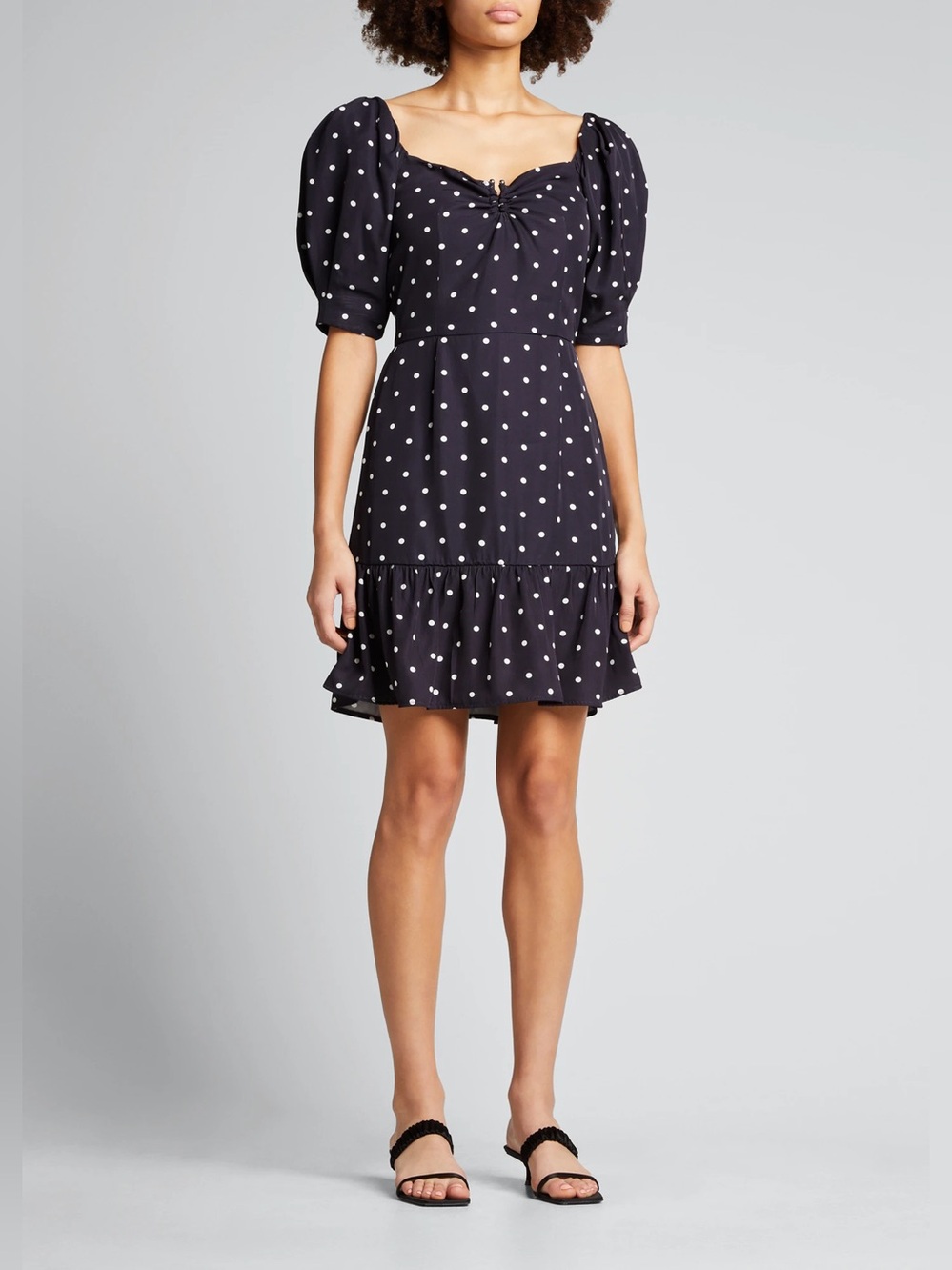 ROHE Margarita Dress White Navy Polka Dot Puff Sleeve Mini Size 36/ US 6 - Picture 1 of 16